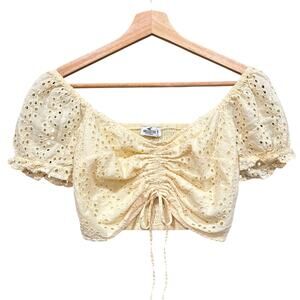 Hollister eyelet puff sleeve XS smocked crop top Y2K yellow milkmaid cinch tie